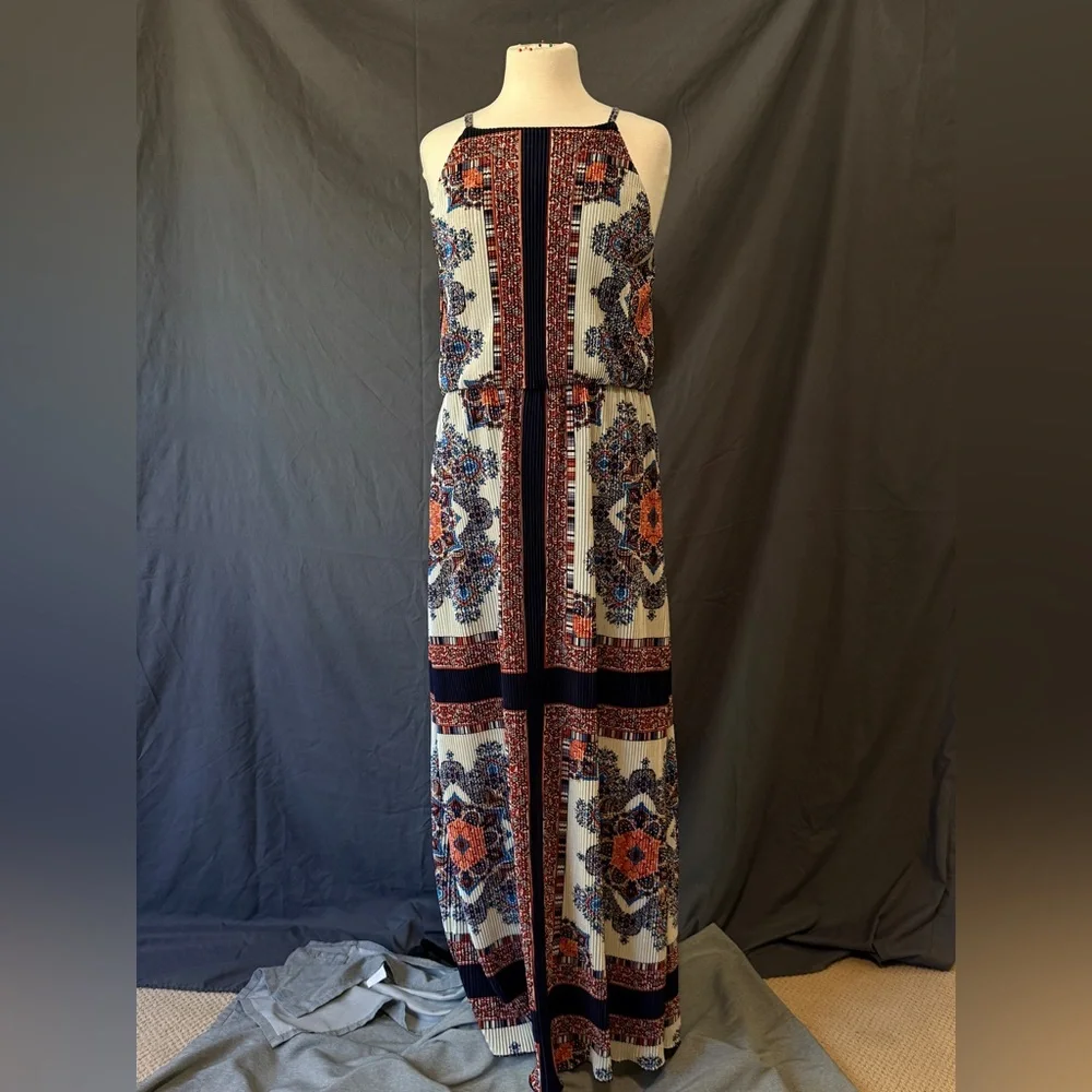 Christopher & Banks CB Established 1962 Pleated Maxi Dress Sz 16 Navy Orange - Picture 3 of 9
